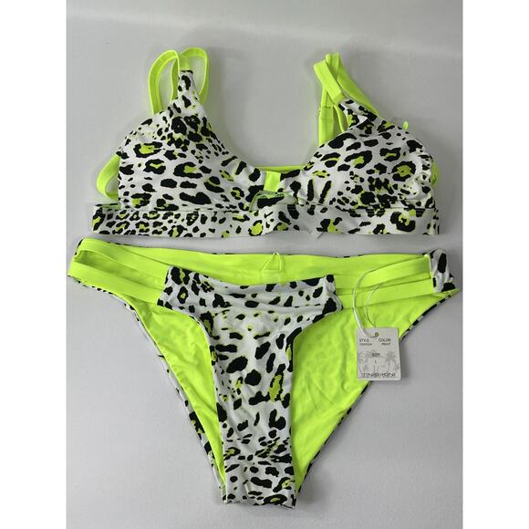 TiniBikini Swimwear Neon Yellow Green Animal Print 2 Piece Bikini NEW Large - Picture 1 of 10